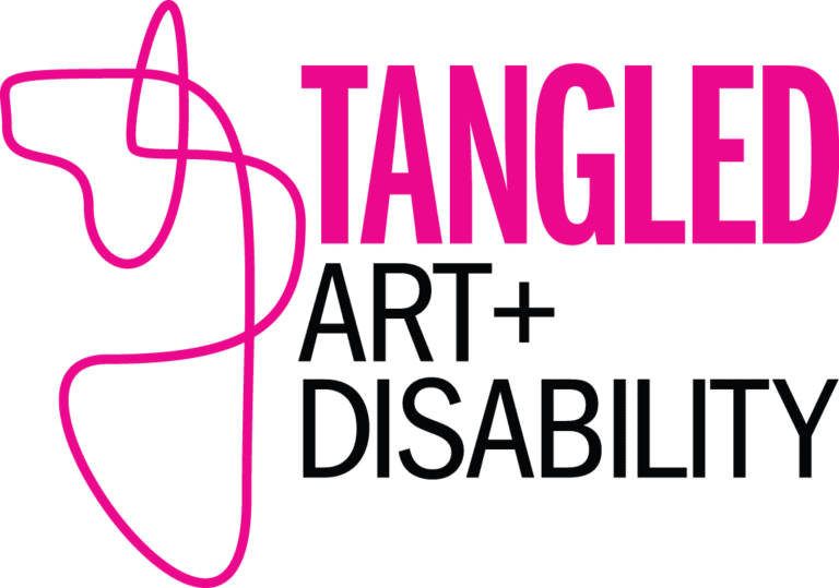 Tangled Art plus Disability Logo. On the right hand side is a pink line which tangles around itself. On the left the word Tangled is written in all caps, bold pink text. Below that, the art plus is written in all caps black text, below that is the word disability, also in all caps black font.
